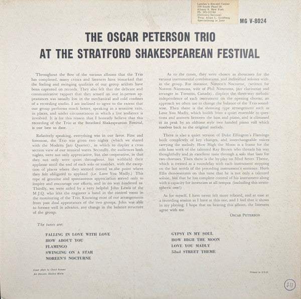 The Oscar Peterson Trio : At The Stratford Shakespearean Festival (LP, Album, Mono, RP, Ind)