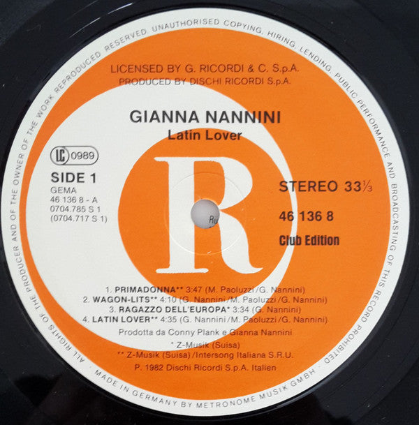 Gianna Nannini : Latin Lover (LP, Album, Clu)