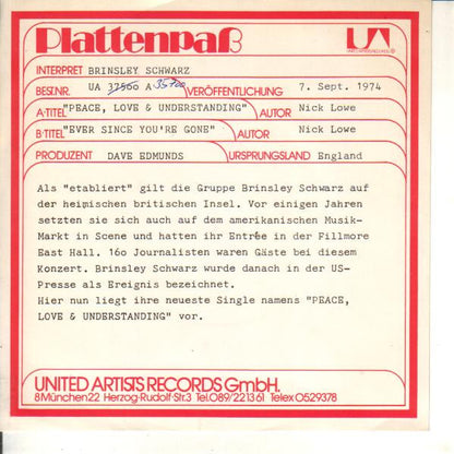 Brinsley Schwarz : (What's So Funny 'Bout) Peace, Love And Understanding / Ever Since You're Gone (7", Single)