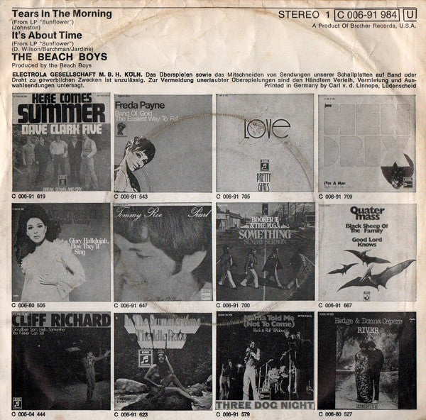 The Beach Boys : Tears In The Morning (7", Single)