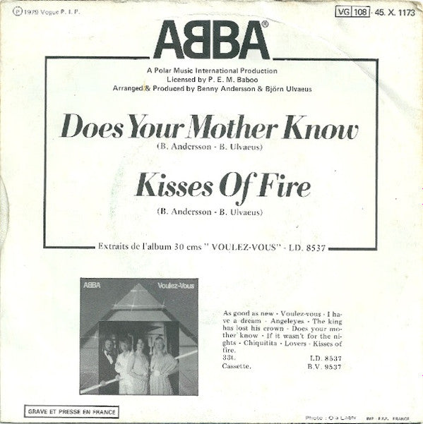 ABBA : Does Your Mother Know / Kisses Of Fire (7", Single)