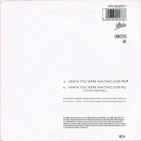 Aretha Franklin & George Michael : I Knew You Were Waiting (For Me) (7", Single)