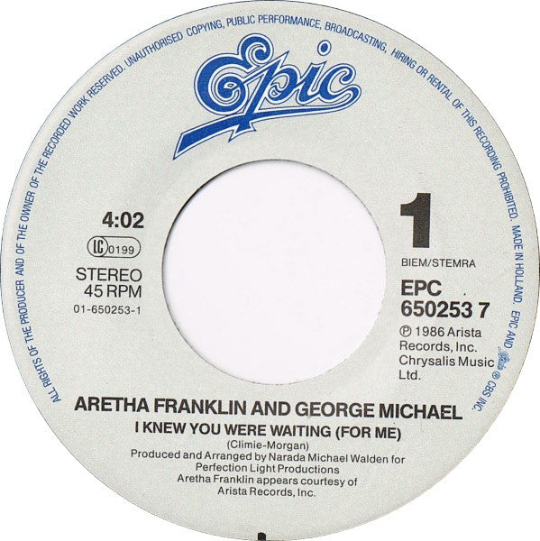 Aretha Franklin & George Michael : I Knew You Were Waiting (For Me) (7", Single)