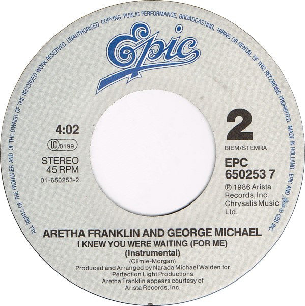 Aretha Franklin & George Michael : I Knew You Were Waiting (For Me) (7", Single)