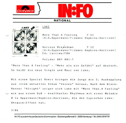 Lake (2) : More Than A Feeling (Special Remix) (7", Single)