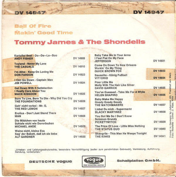Tommy James And The Shondells* : Ball Of Fire (7", Single)