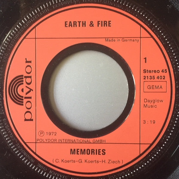 Earth & Fire* : Memories (7", Single, RE)