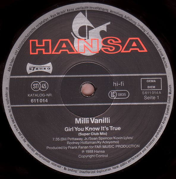 Milli Vanilli : Girl You Know It's True (12", Maxi)