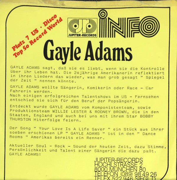 Gayle Adams : Your Love Is A Life Saver (7", Single)