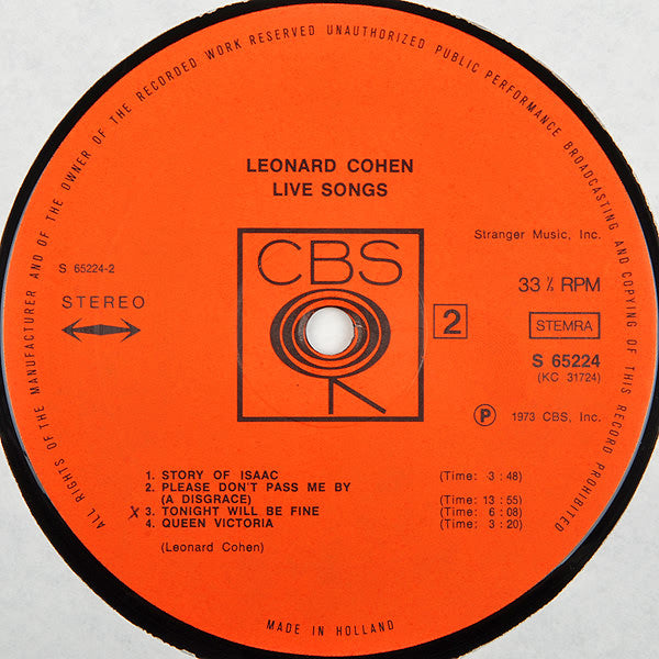 Leonard Cohen : Live Songs (LP, Album)