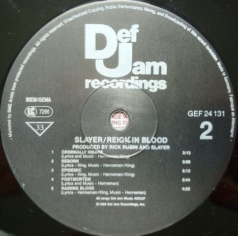 Slayer : Reign In Blood (LP, Album, RE)