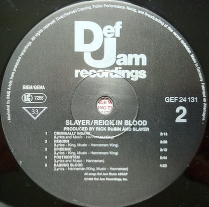 Slayer : Reign In Blood (LP, Album, RE)