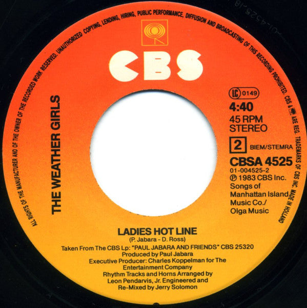 The Weather Girls : I'm Gonna Wash That Man Right Outa My Hair / Ladies Hot Line (7")