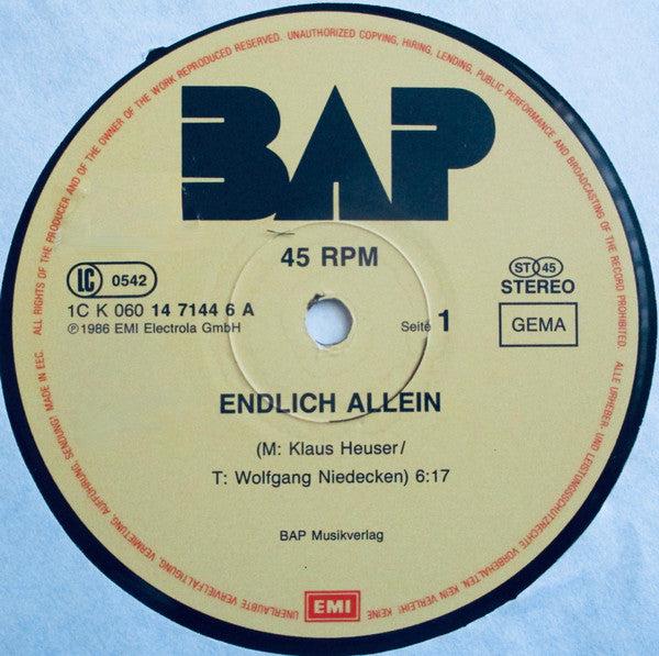 BAP : Endlich Allein (12", Maxi)
