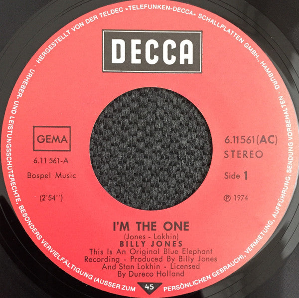 Billy Jones (3) : I'm The One / I'll Keep Holding On (7", Single)