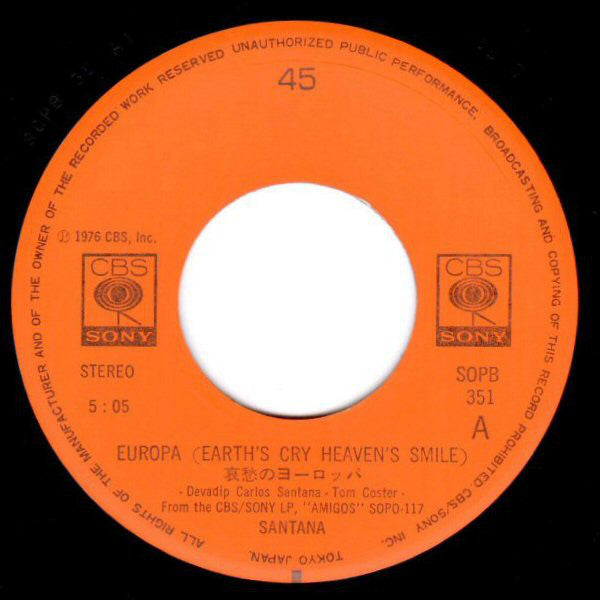 Santana : Europa (Earth's Cry, Heaven's Smile) (7", Single)