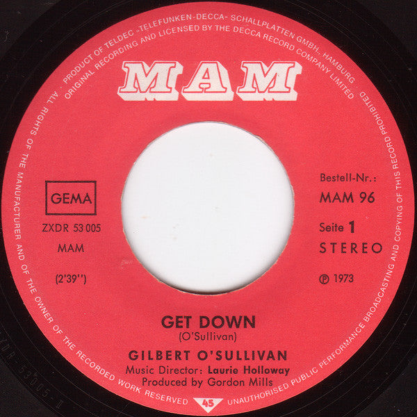Gilbert O'Sullivan : Get Down (7", Single)