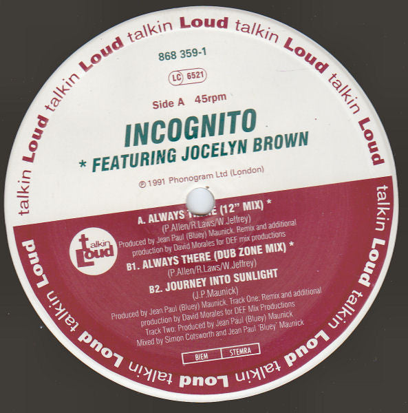 Incognito Featuring Jocelyn Brown : Always There (12", Single, Red)