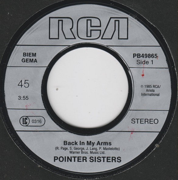 Pointer Sisters : Back In My Arms (7", Single)