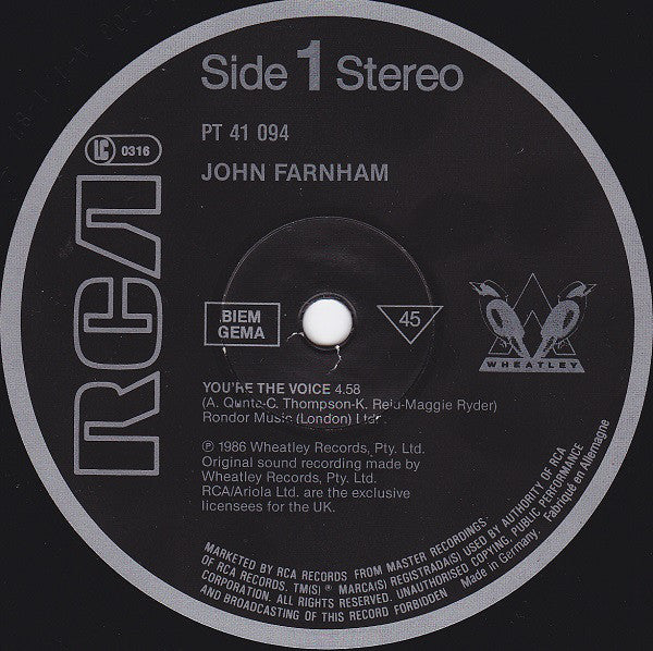John Farnham : You're The Voice (12", Maxi)