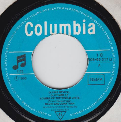 David & Jonathan : Lovers Of The World Unite (7", Single, RE)