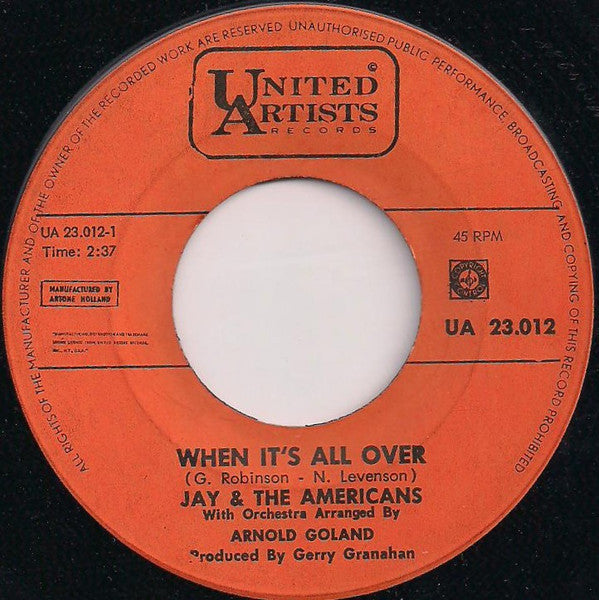 Jay & The Americans : Cara, Mia / When It's All Over (7", Single)