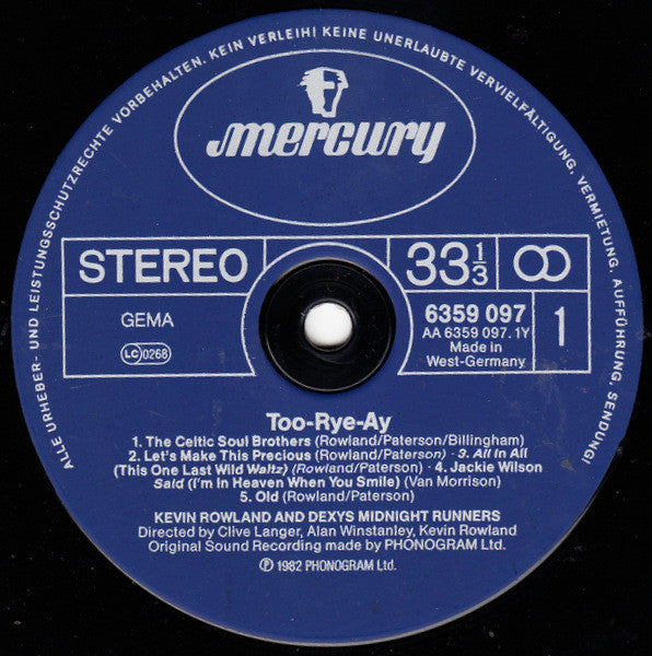 Kevin Rowland & Dexys Midnight Runners : Too-Rye-Ay (LP, Album, Blu)