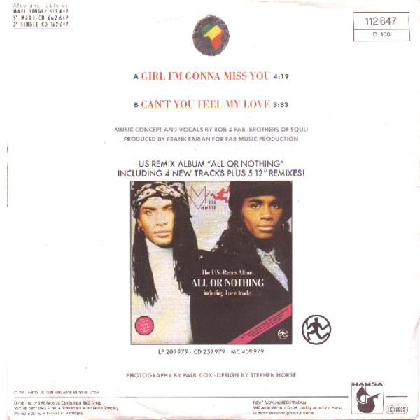 Milli Vanilli : Girl I'm Gonna Miss You (7", Single)