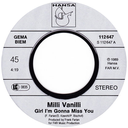 Milli Vanilli : Girl I'm Gonna Miss You (7", Single)