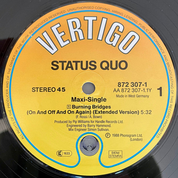 Status Quo : Burning Bridges (On And Off And On Again) (12", Maxi)