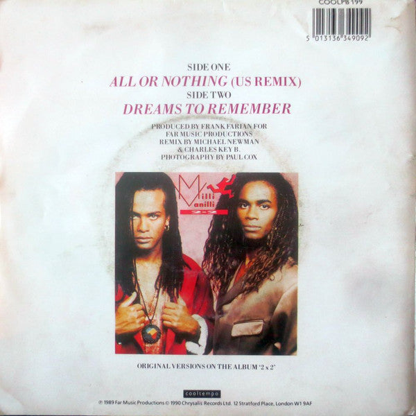 Milli Vanilli : All Or Nothing (US Remix) (7", Single, Pos)