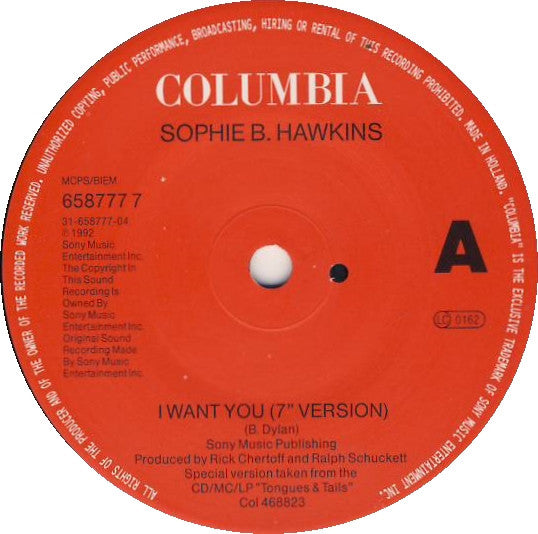 Sophie B. Hawkins : I Want You (7", Single)