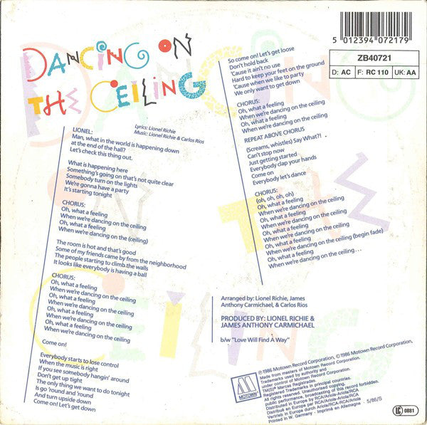 Lionel Richie : Dancing On The Ceiling (7", Single, Inj)