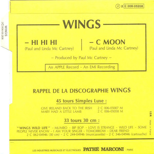Wings (2) : Hi, Hi, Hi / C Moon (7", Single)