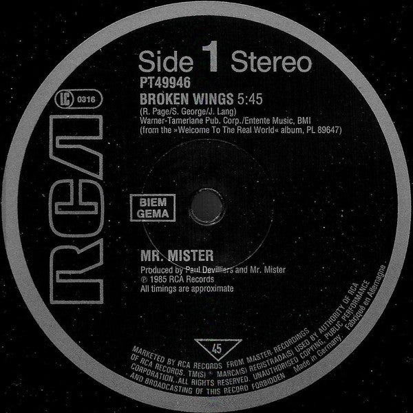Mr. Mister : Broken Wings (Extended Version) (12", Single)