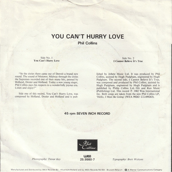 Phil Collins : You Can't Hurry Love (7", Single)