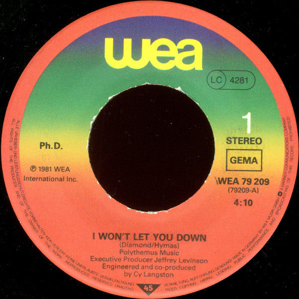 Ph.D. : I Won't Let You Down (7", Single)