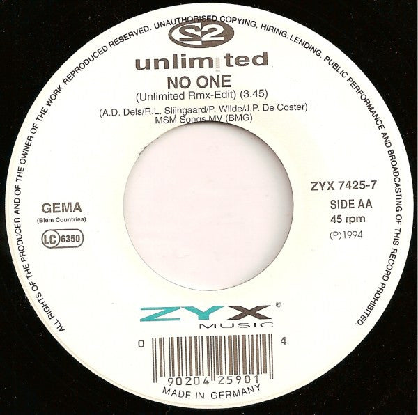 2 Unlimited : No One (7")