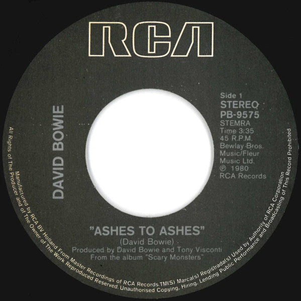 David Bowie : Ashes To Ashes (7", Single)