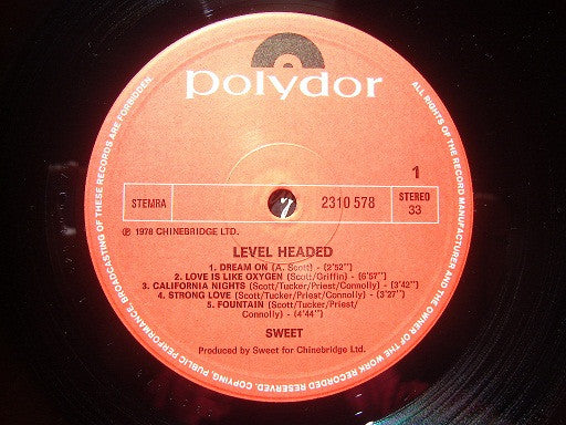 Sweet* : Level Headed (LP, Album)