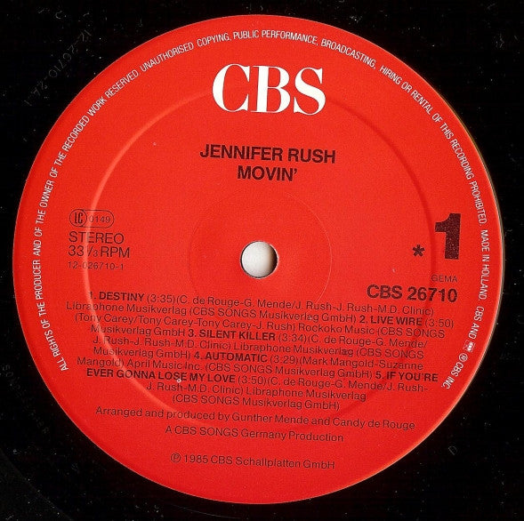 Jennifer Rush : Movin' (LP, Album, Club)