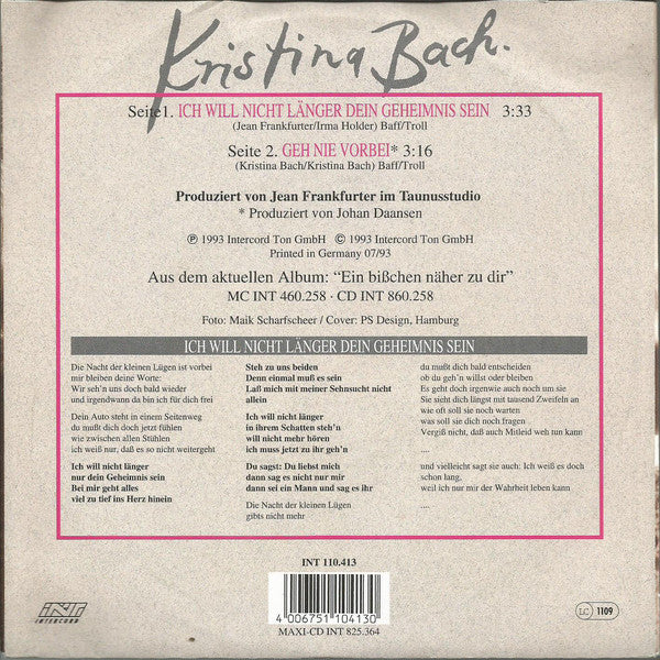 Kristina Bach : Ich Will Nicht Länger Dein Geheimnis Sein (7", Single)