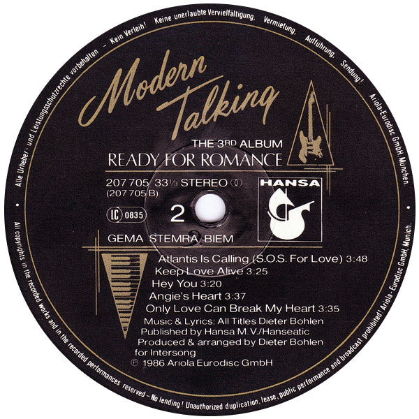 Modern Talking : Ready For Romance (The 3rd Album) (LP, Album)