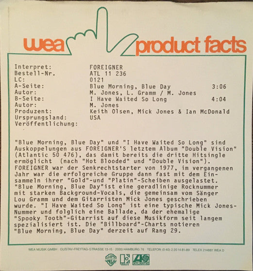 Foreigner : Blue Morning, Blue Day (7", Single)