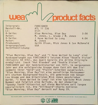 Foreigner : Blue Morning, Blue Day (7", Single)