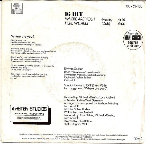 16 Bit : Where Are You? Remix (We Know The Way) (7", Single)