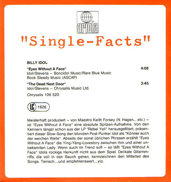 Billy Idol : Eyes Without A Face (7", Single)