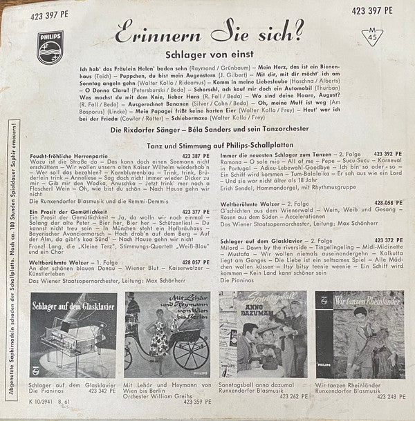 Die Rixdorfer Sänger - Orchester Béla Sanders : Erinnern Sie Sich? Schlager Von Einst (7", EP, Mono)