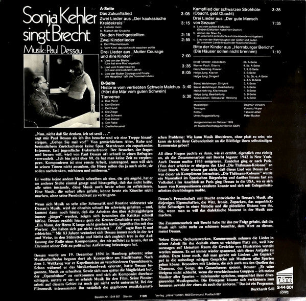 Sonja Kehler - Paul Dessau - Bertolt Brecht : Sonja Kehler Singt Brecht (LP, Album)