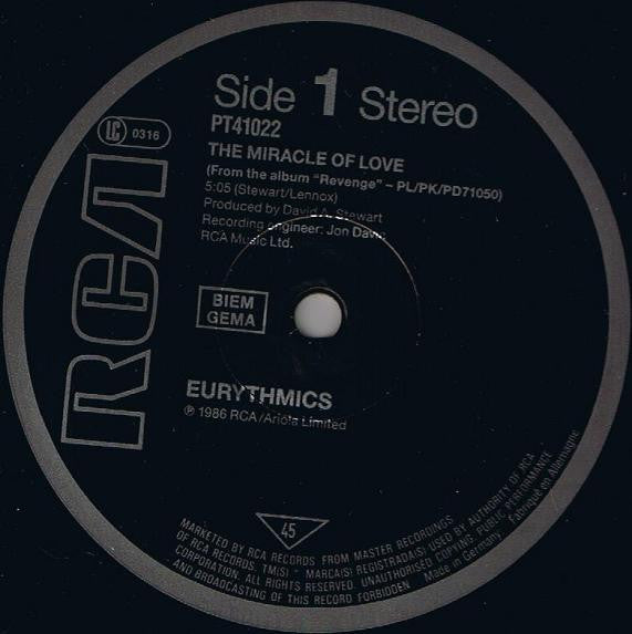 Eurythmics : The Miracle Of Love (12", Maxi)